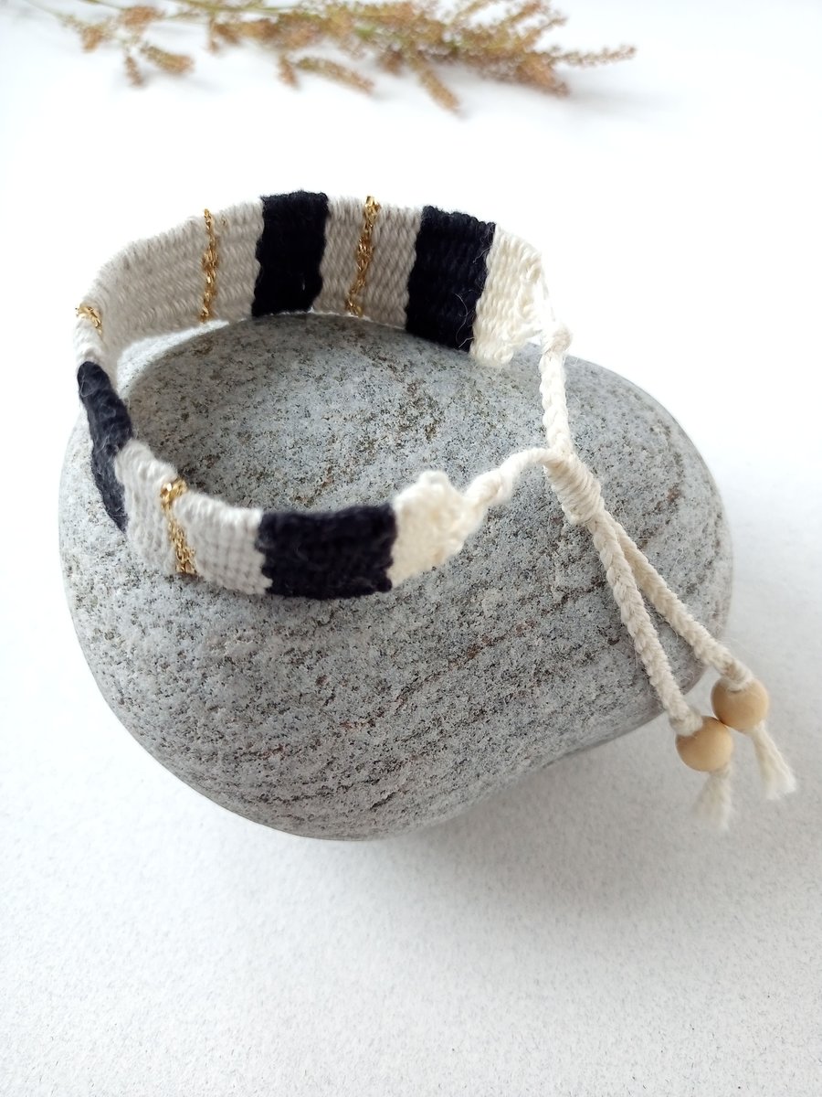 Woven Friendship Bracelet in Black, Cream and Gold