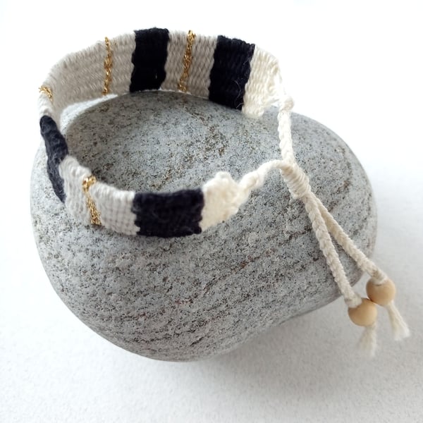 Woven Friendship Bracelet in Black, Cream and Gold