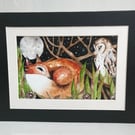 Original Resting Fox and Owl under the Moon Watercolour 
