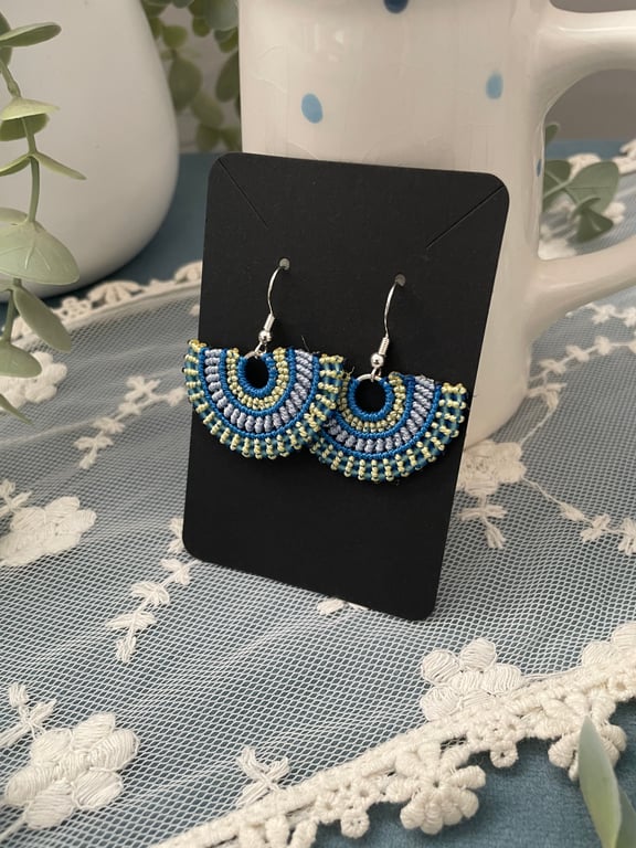 Earrings, Boho macrame beaded fan shape drop woven earrings, yoga lover gift 