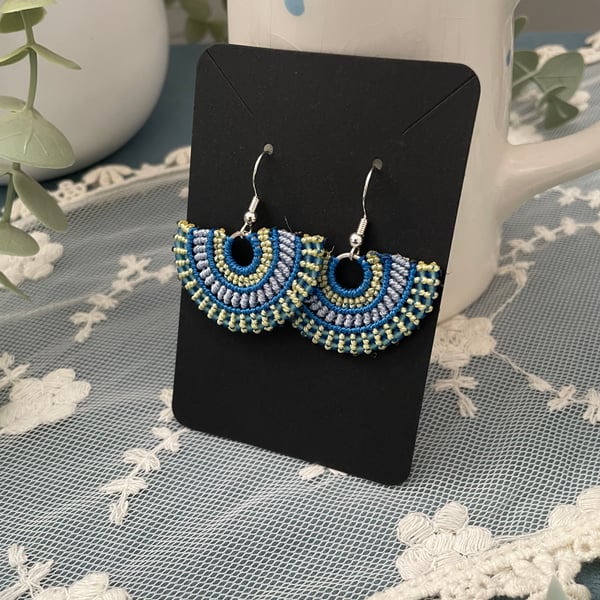 Earrings, Boho macrame beaded fan shape drop woven earrings, yoga lover gift 