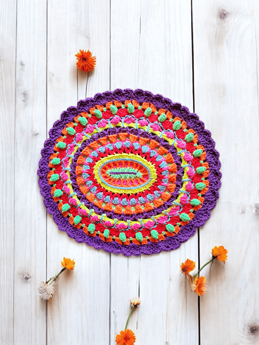 oval shaped colourful crochet mandala doily