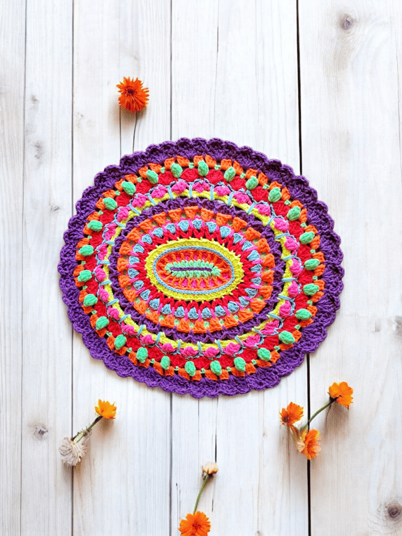 oval shaped colourful crochet mandala doily