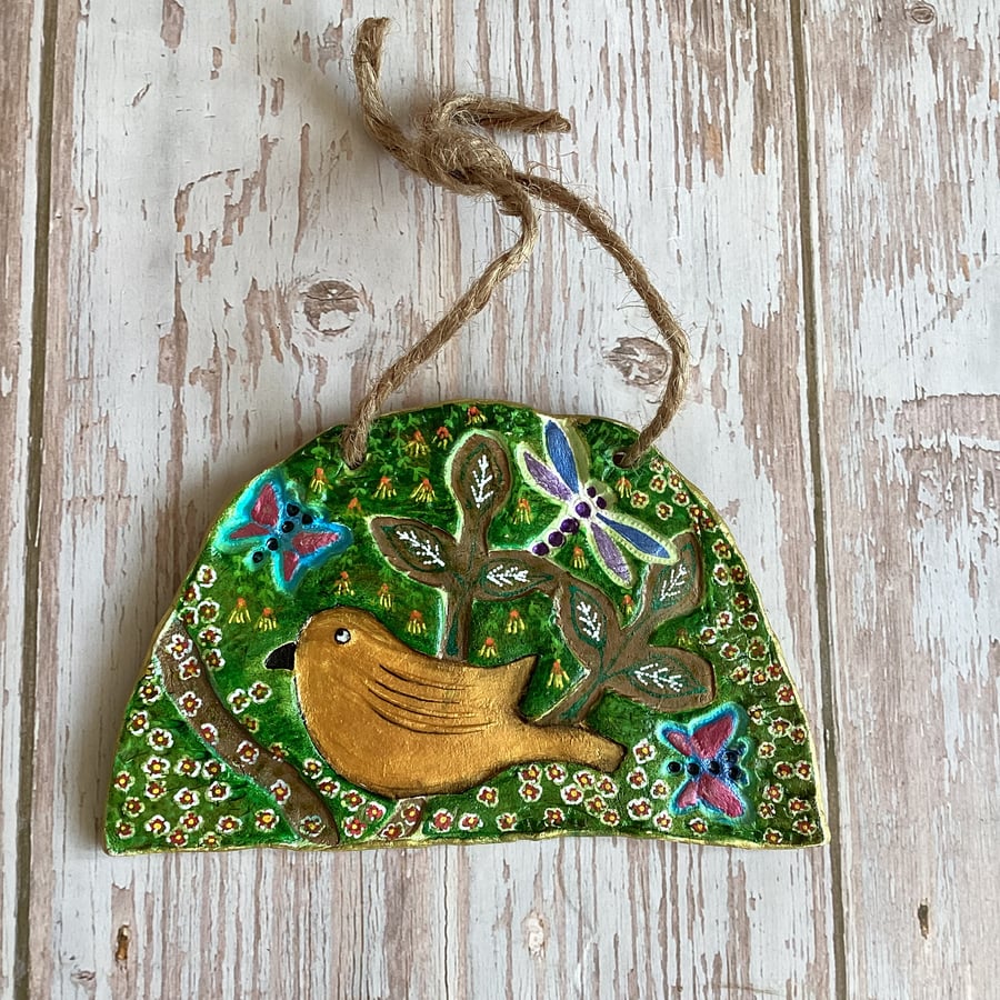 Handmade Folk Art gold bird hanging decoration, nature inspired