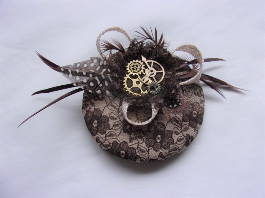 Chocolate Brown & Beige Steampunk Feather Cocktail Hat