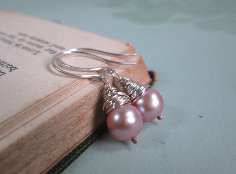 Pearl Earrings - Peach Pink  Wire Wrapped Earrings