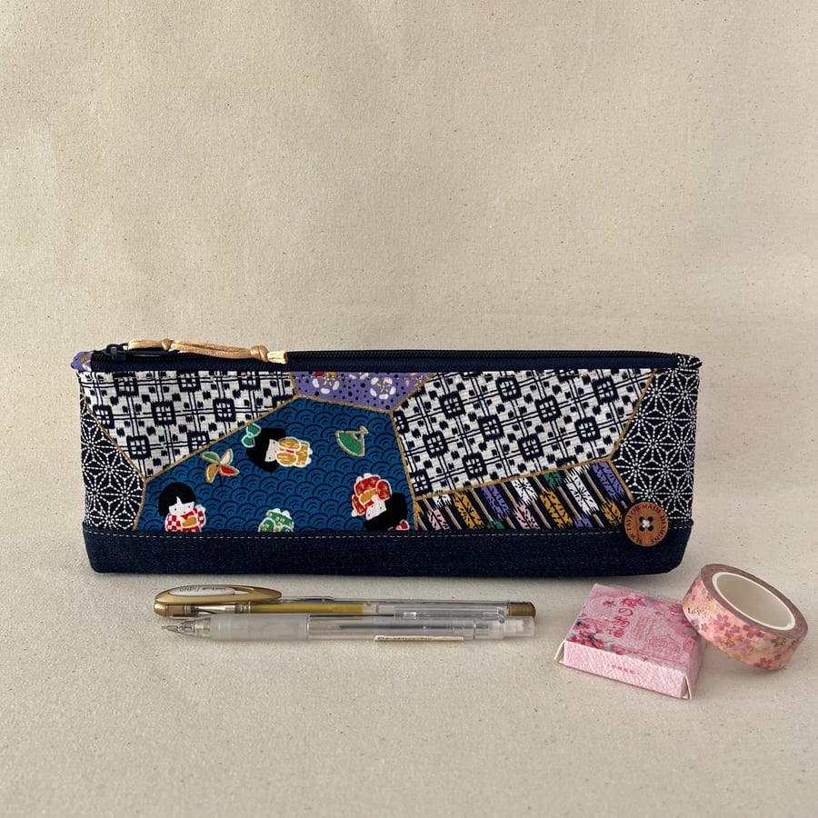 Pencil Case Japanese Fabric Patchwork Kimono Dolls and Denim