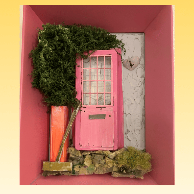 The Pink Cottage Miniature Door Diorama Unique Hand Painted Mixed Media Wall Art