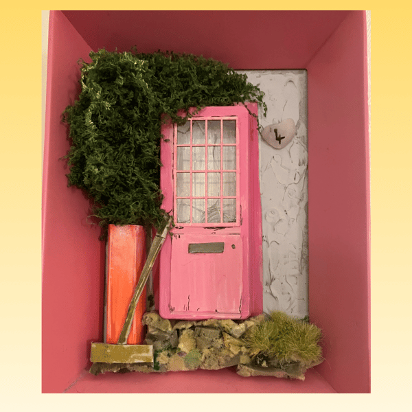 The Pink Cottage Miniature Door Diorama Unique Hand Painted Mixed Media Wall Art