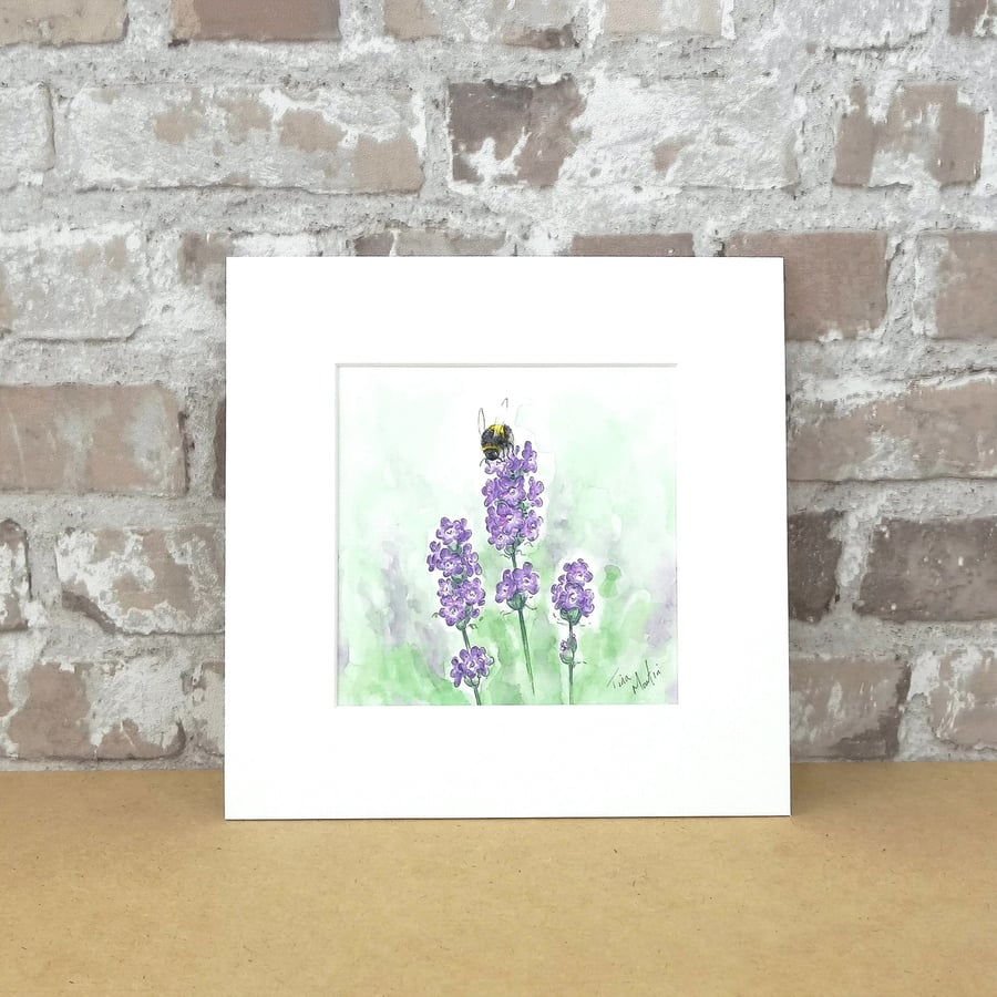 Lavender Bumble bee Watercolour Painting Floral Art