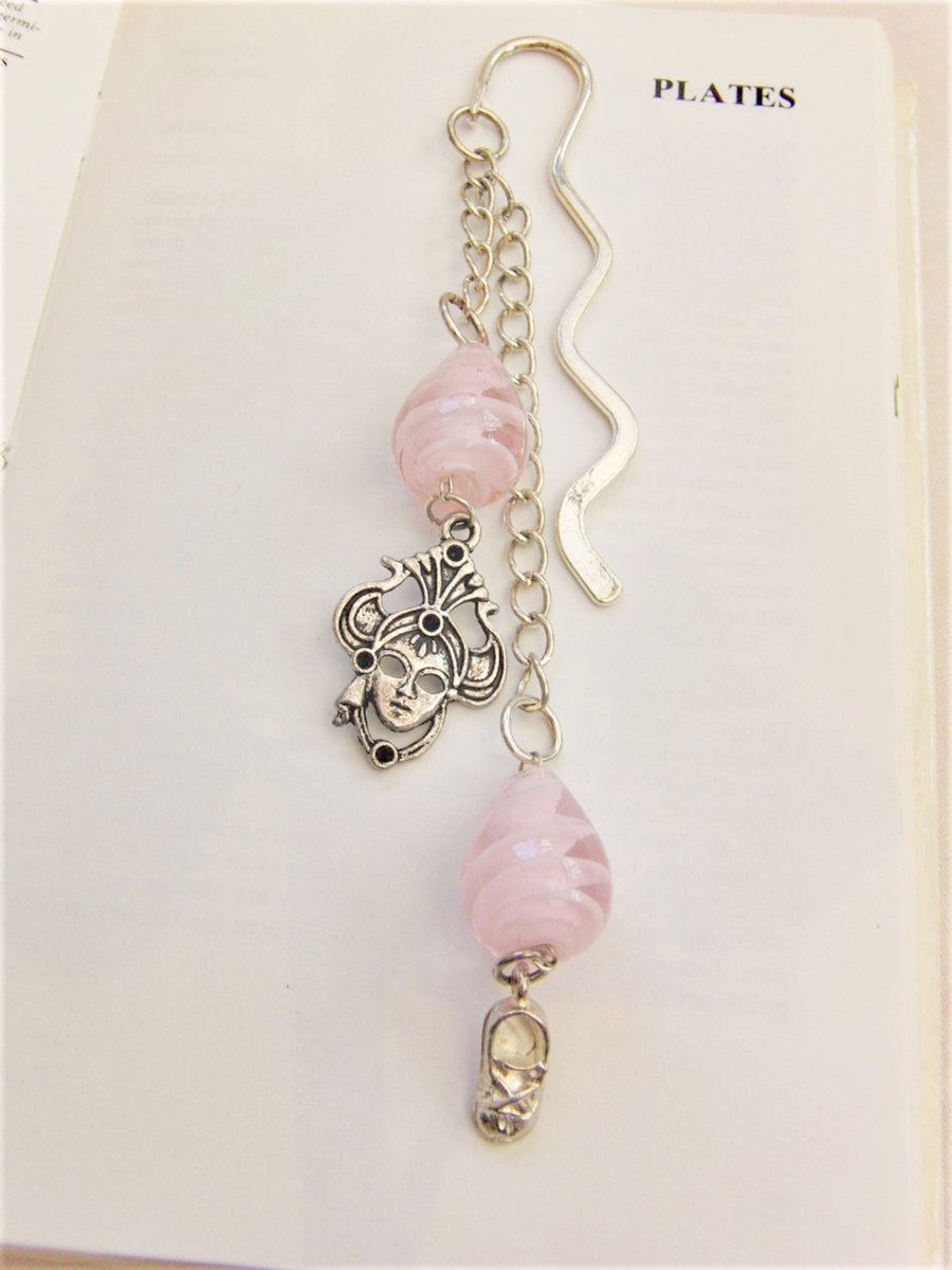 Pink Beaded Bookmark With Silver Masque and Shoe Charms and Pink Beads