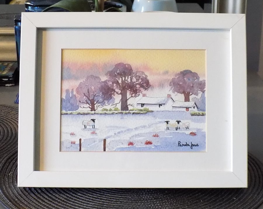 Snow Scene, Welsh Cottage, Sheep, Original Watercolour in 9.5 x 7.5'' Frame