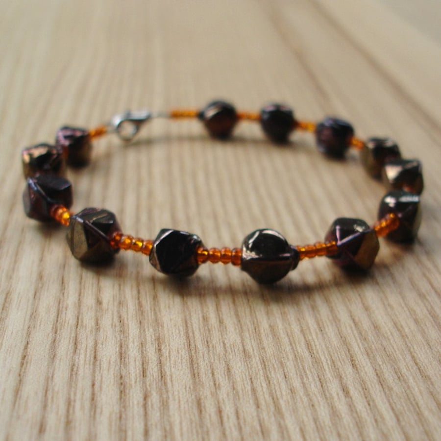 Copper and Orange Indian Glass and Seed Bead Bangle