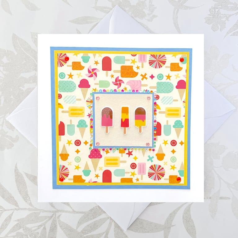 Large handmade birthday card - ice cream lollies rainbow OOAK