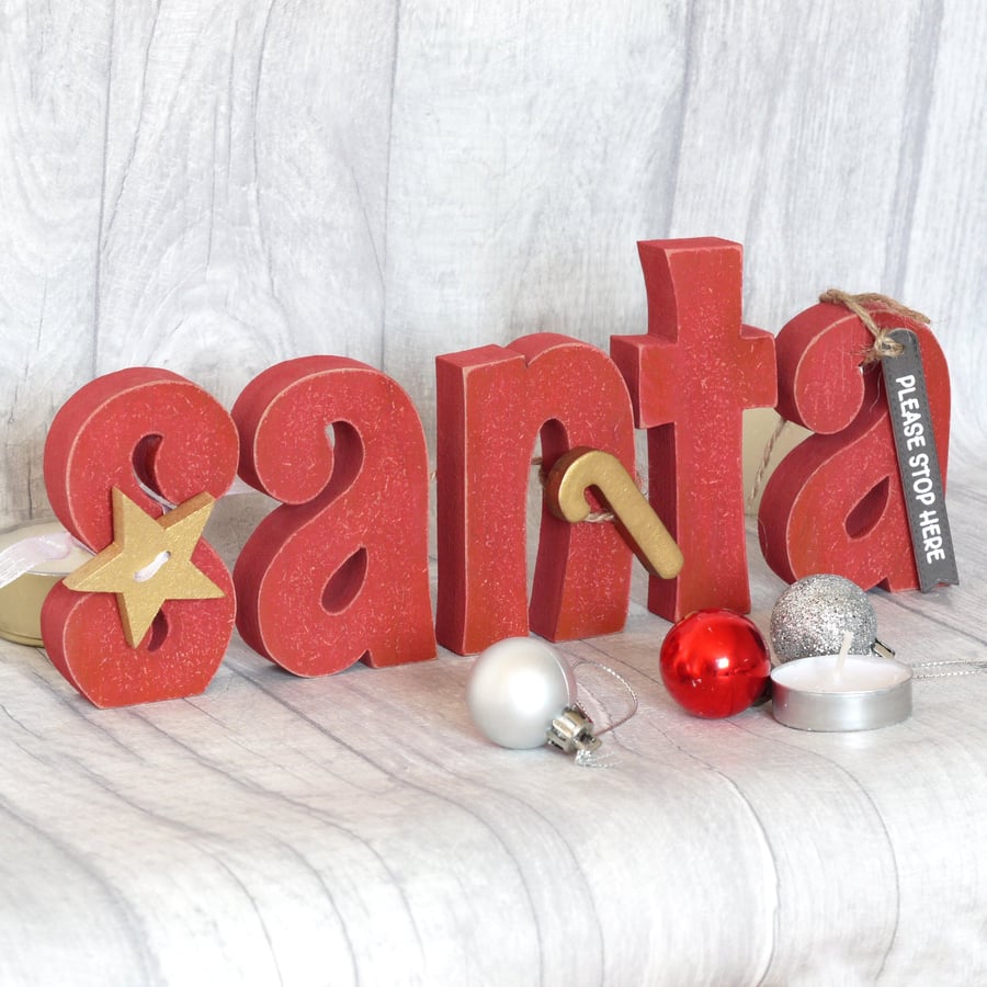 SANTA Stop Here Christmas Wooden Freestanding Sign Plaque Decoration Word Art