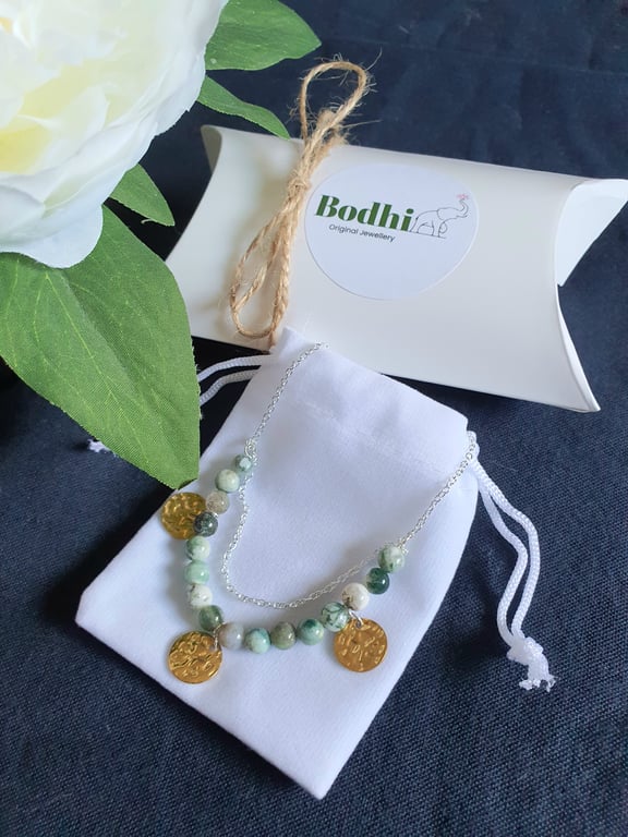 Natural tree agate gemstone sterling silver 18 inch necklace