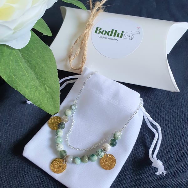 Natural tree agate gemstone sterling silver 18 inch necklace