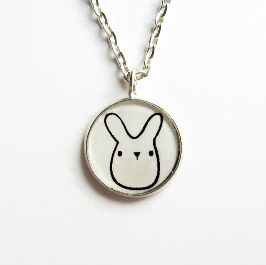 Cute Bunny Rabbit Necklace, Small Rabbit Doodle Art Picture Pendant, 18mm