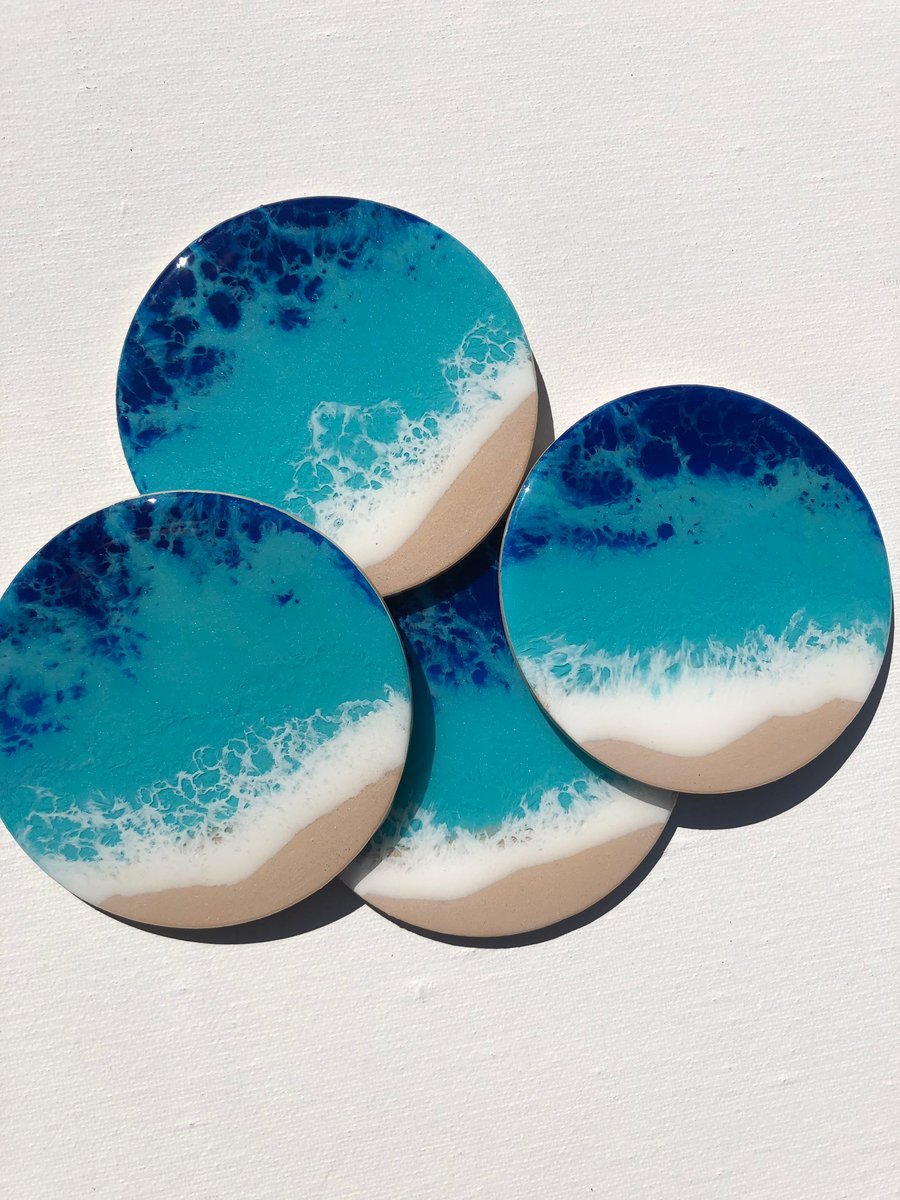 SALE. Ocean  coasters, turquoise, heat and scratch resistant resin , set of 4