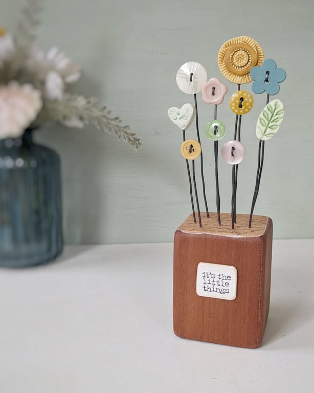 Clay Flower and Button Garden in a Wood Block 'It's the little things'