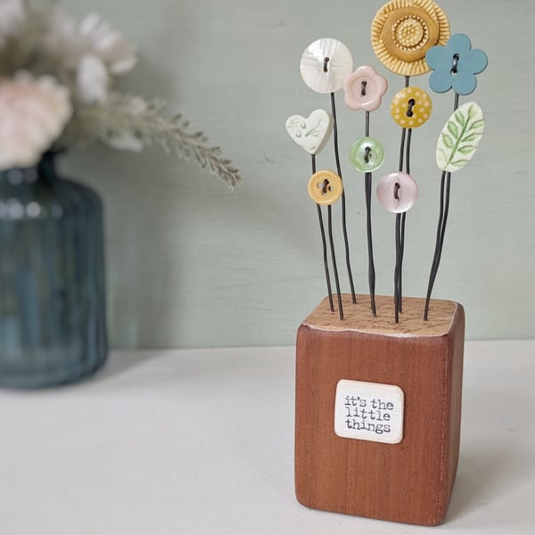 Clay Flower and Button Garden in a Wood Block 'It's the little things'