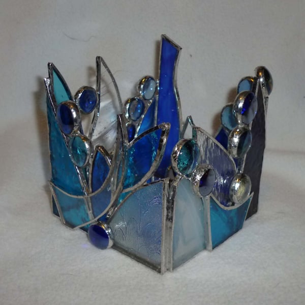 Hand made stained glass candle holder random in blue 