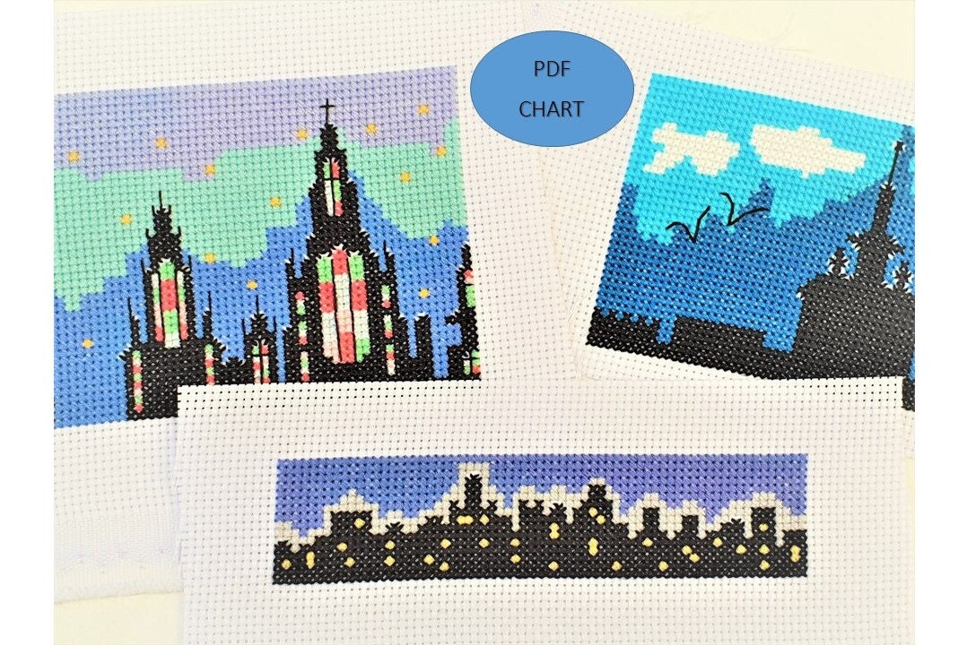 City Skyline Cross Stitch Pattern: Scenic Rooftop Set of 3 (PDF Download)