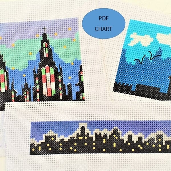 City Skyline Cross Stitch Pattern: Scenic Rooftop Set of 3 (PDF Download)