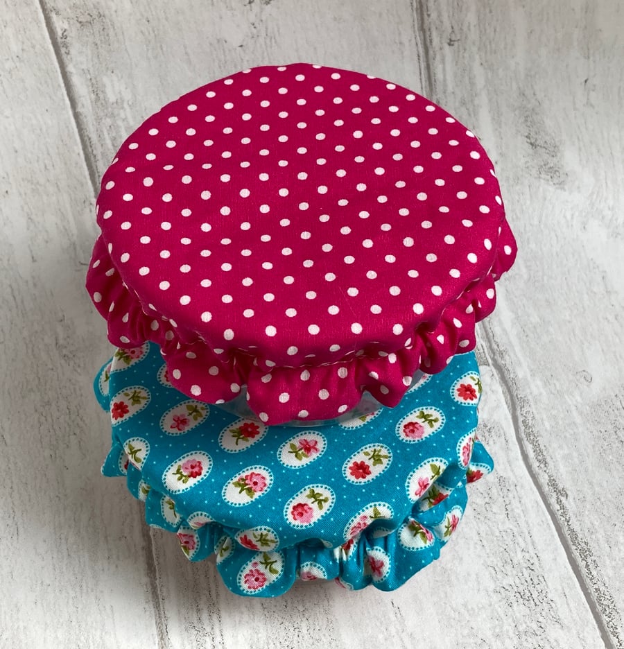 Small bowl covers for dips. Set of two. Turquoise and pink