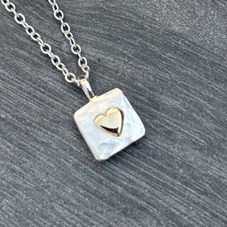 Gold Heart Pendant, hammered silver square pendant, small chunky square pendant,