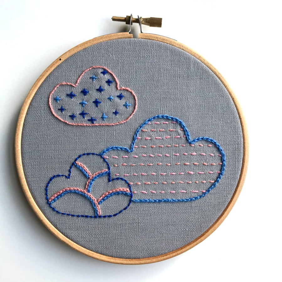 Three Clouds Hand Embroidery Wall Decoration Hoop Art