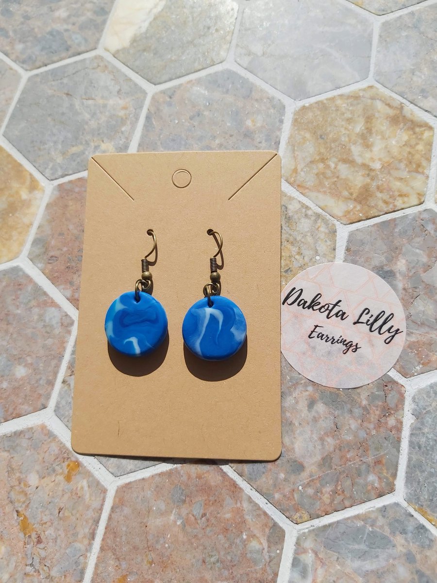 Blue and White polymer clay drop earrings on hooks