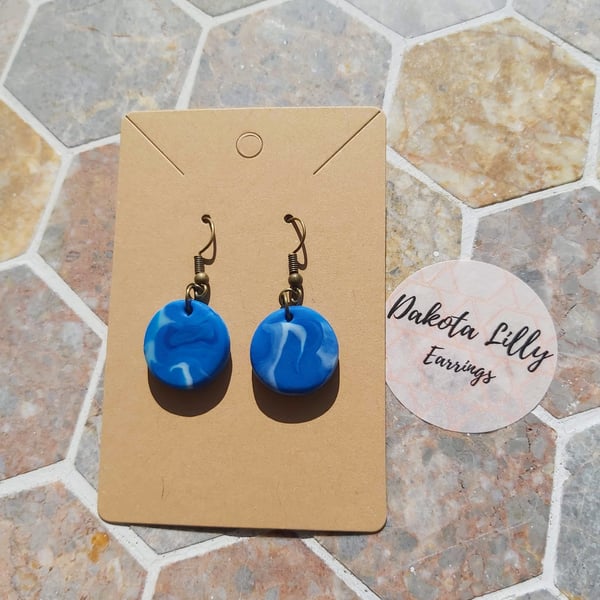 Blue and White polymer clay drop earrings on hooks