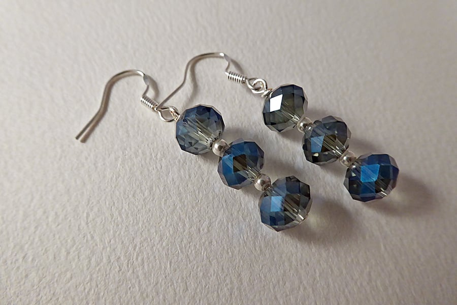 Crystal Drop Earrings, Sterling Silver. Czech AB Crystals in Blue