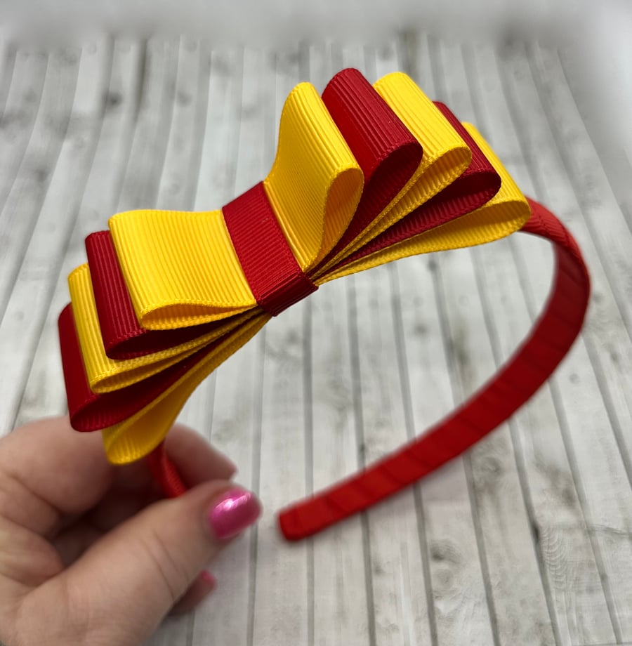 School Red and Yellow Gold Hairband with 5 Layer Two-tone Straight Bow