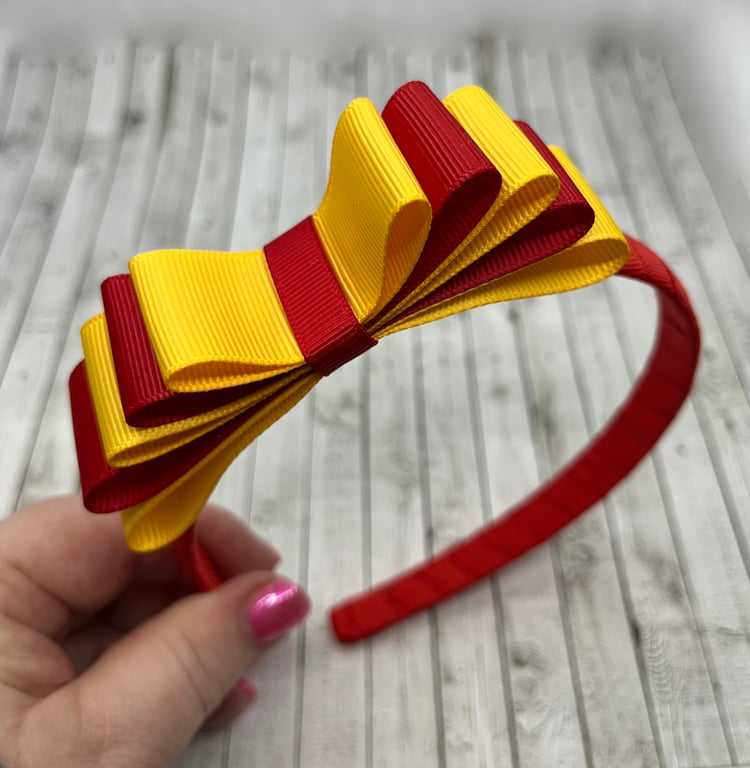 School Red and Yellow Gold Hairband with 5 Layer Two-tone Straight Bow