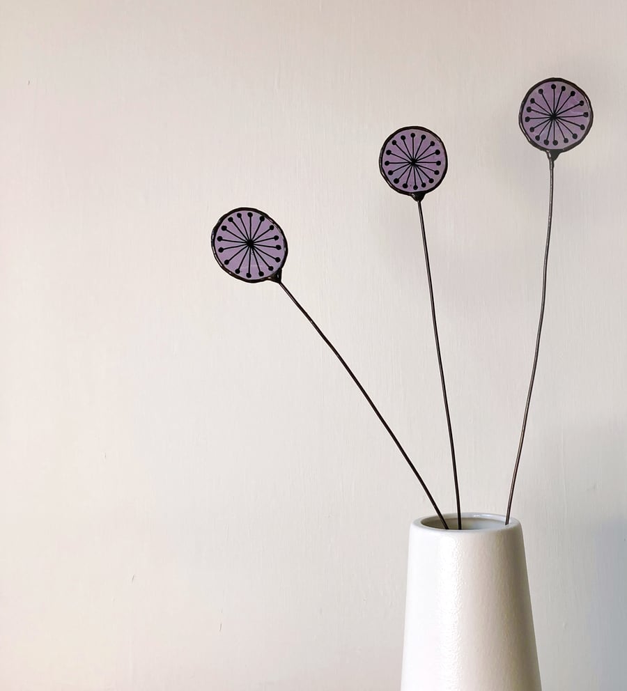 Stained Glass Dandelion Clock, Everlasting Handmade Wild Flower - Purple