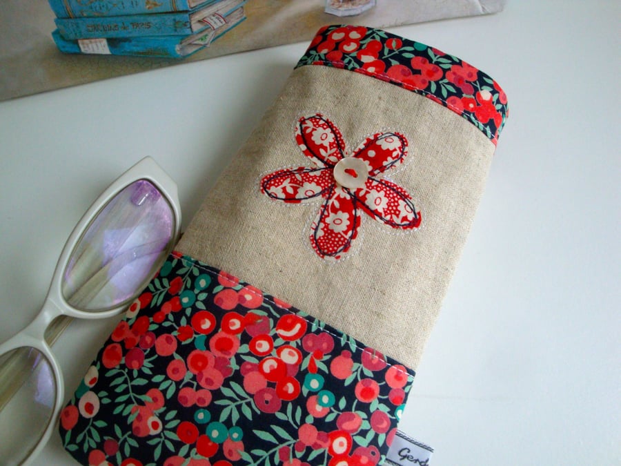 SALE Cotton  and Linen Glasses case - appliqued flower - Liberty lawn fabric 