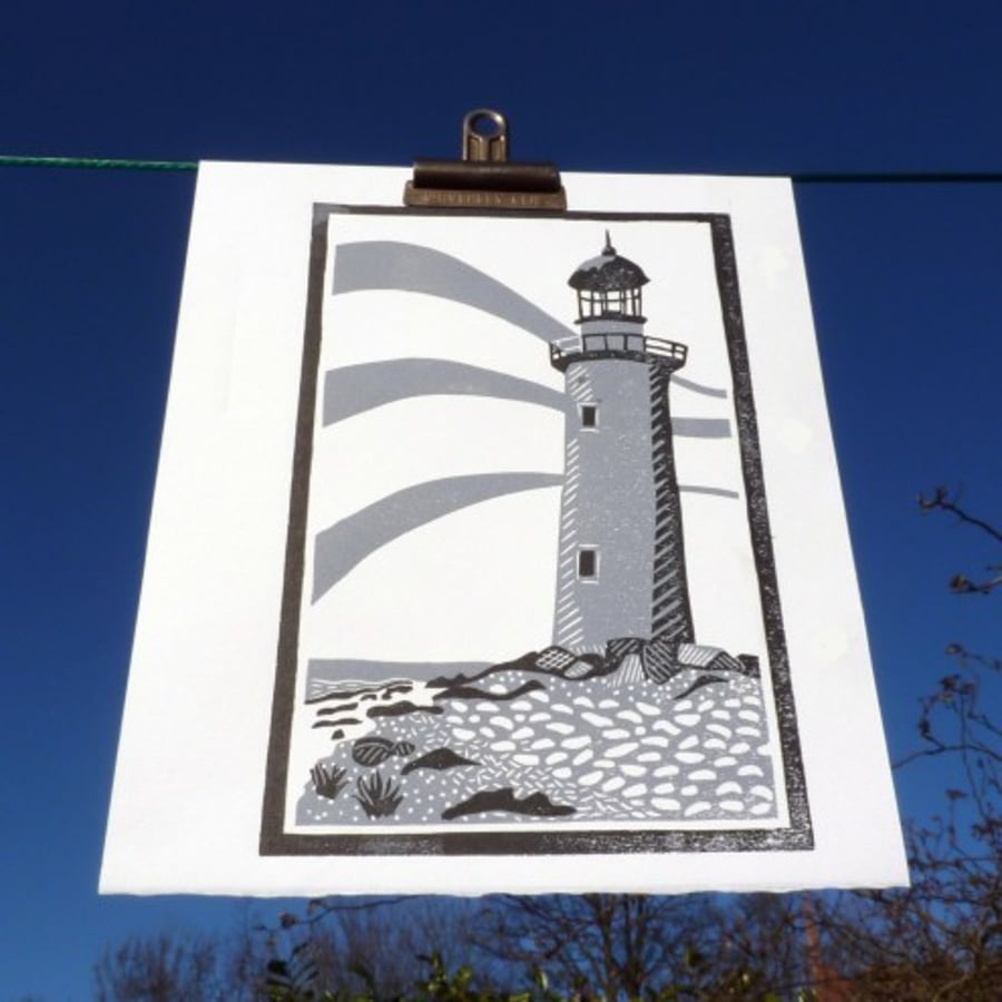 Original lino cut print "Lighthouse on Faro, Gotland"