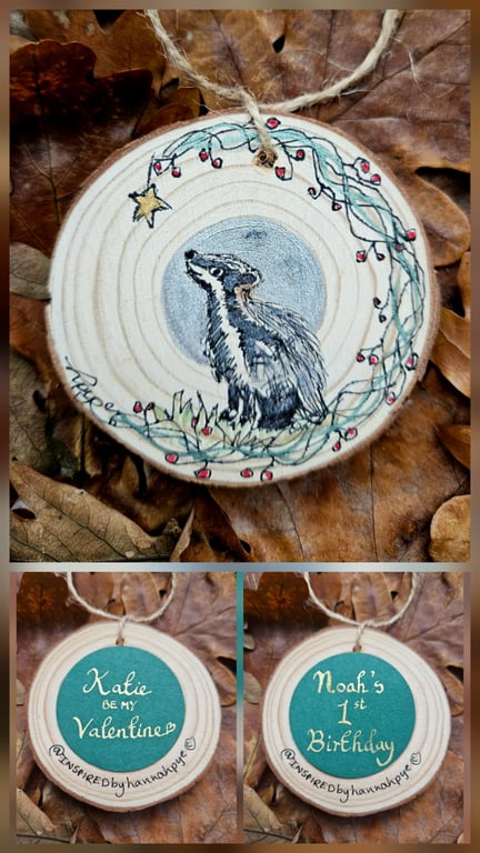 Personalised decoration :  Badger original painting hanging log slice