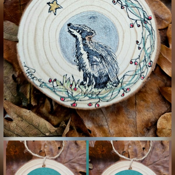 Painting: Hand-painted badger log slice decoration