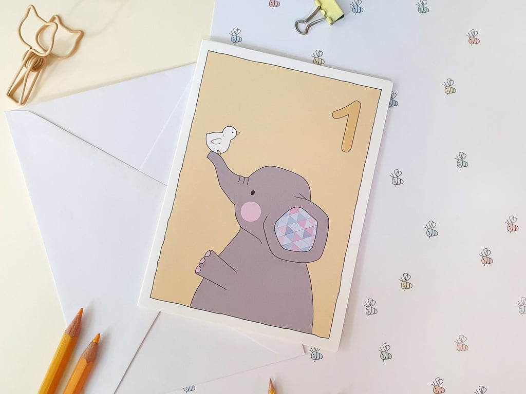 First Birthday; One 1 Number; Elephant Animal; Greeting Card; Children Kid Age