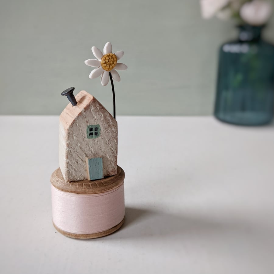 Seconds Sunday Wooden House on a Vintage Bobbin with Clay Daisy