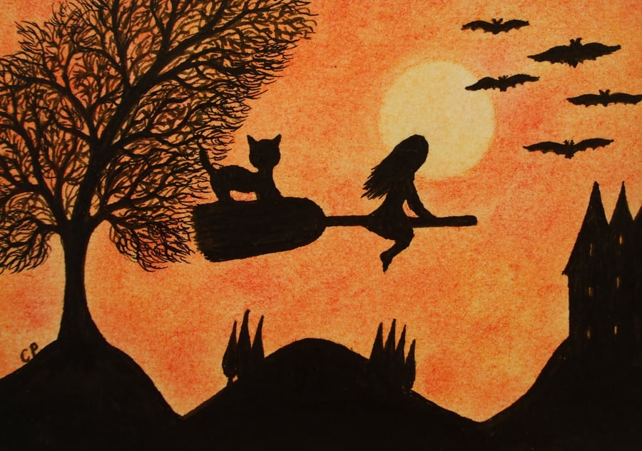 Halloween Card, Girl Cat Bats Silhouette Card, Halloween Art, Black Cat Witch