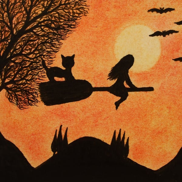 Halloween Card, Girl Cat Bats Silhouette Card, Halloween Art, Black Cat Witch