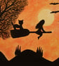 Halloween Card, Girl Cat Bats Silhouette Card, Halloween Art, Black Cat Witch - Image 1