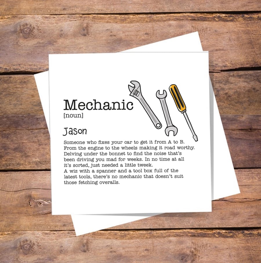 Mechanic Personalised Definition Card - birthday, thank you