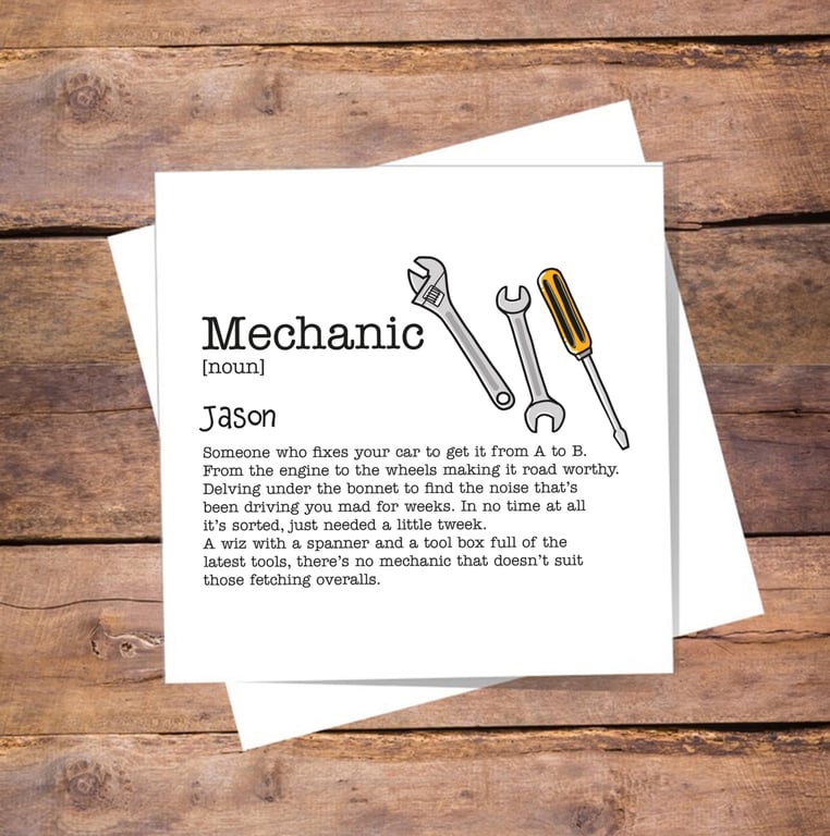 Mechanic Personalised Definition Card - birthday, thank you