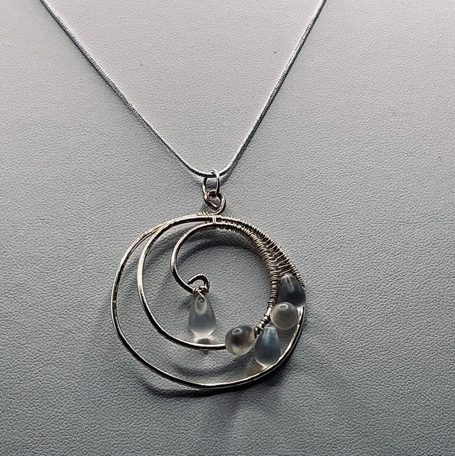 Circular Pendant with Silver Filigree and Frosted Glass Droplets