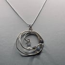 Circular Pendant with Silver Filigree and Frosted Glass Droplets